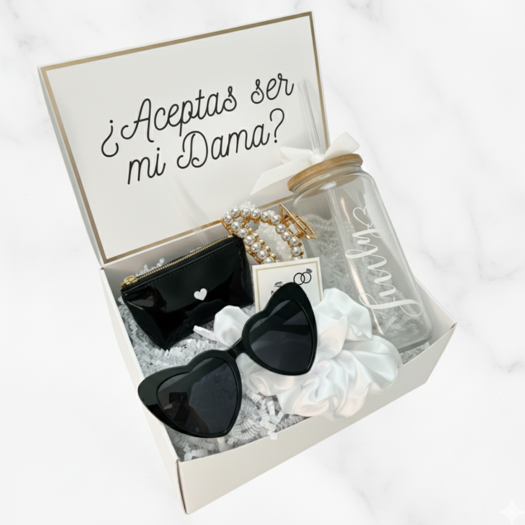 Caja Propuesta Dama De Honor Personalizada Blanco y Negro