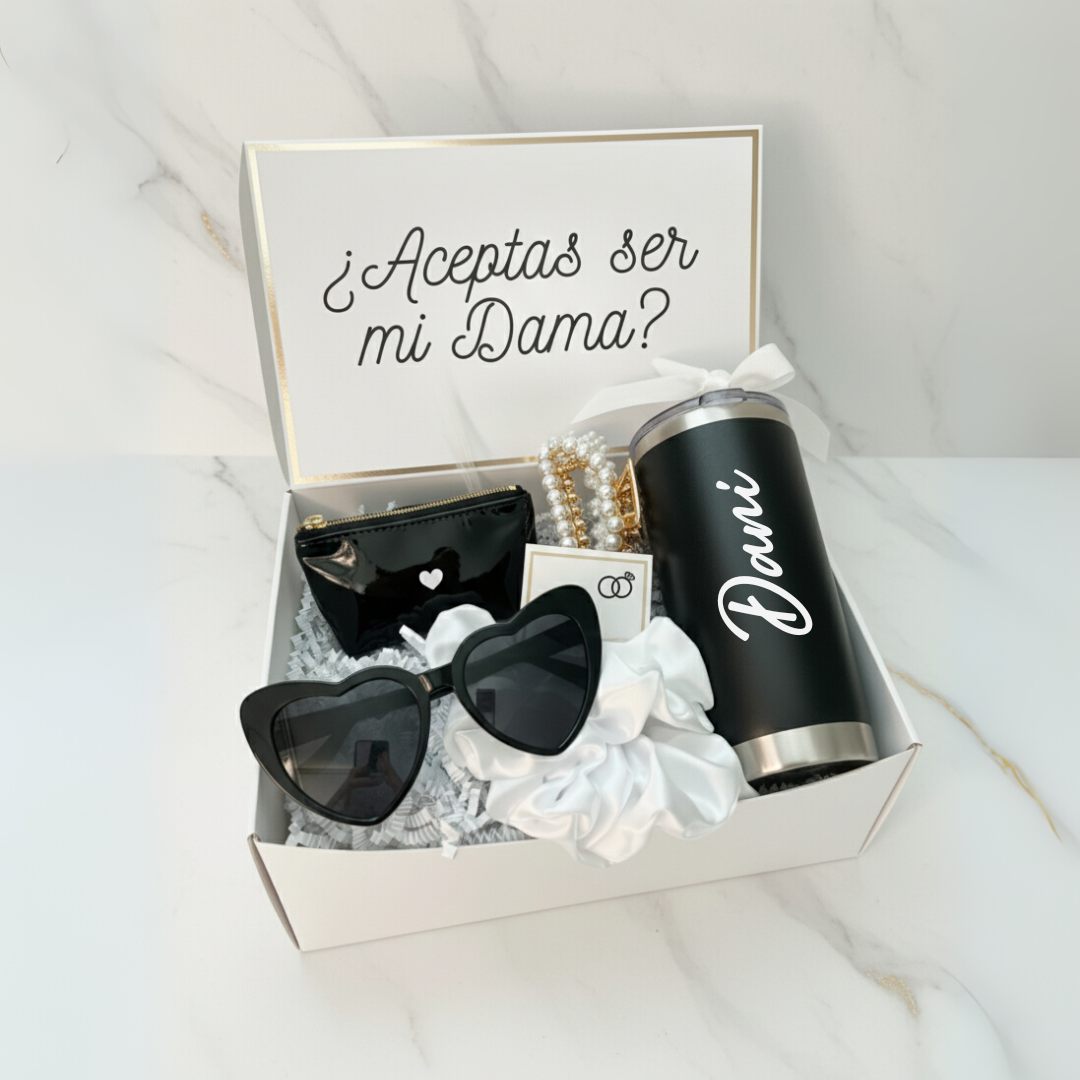 Caja Propuesta Dama De Honor Personalizada Blanco y Negro