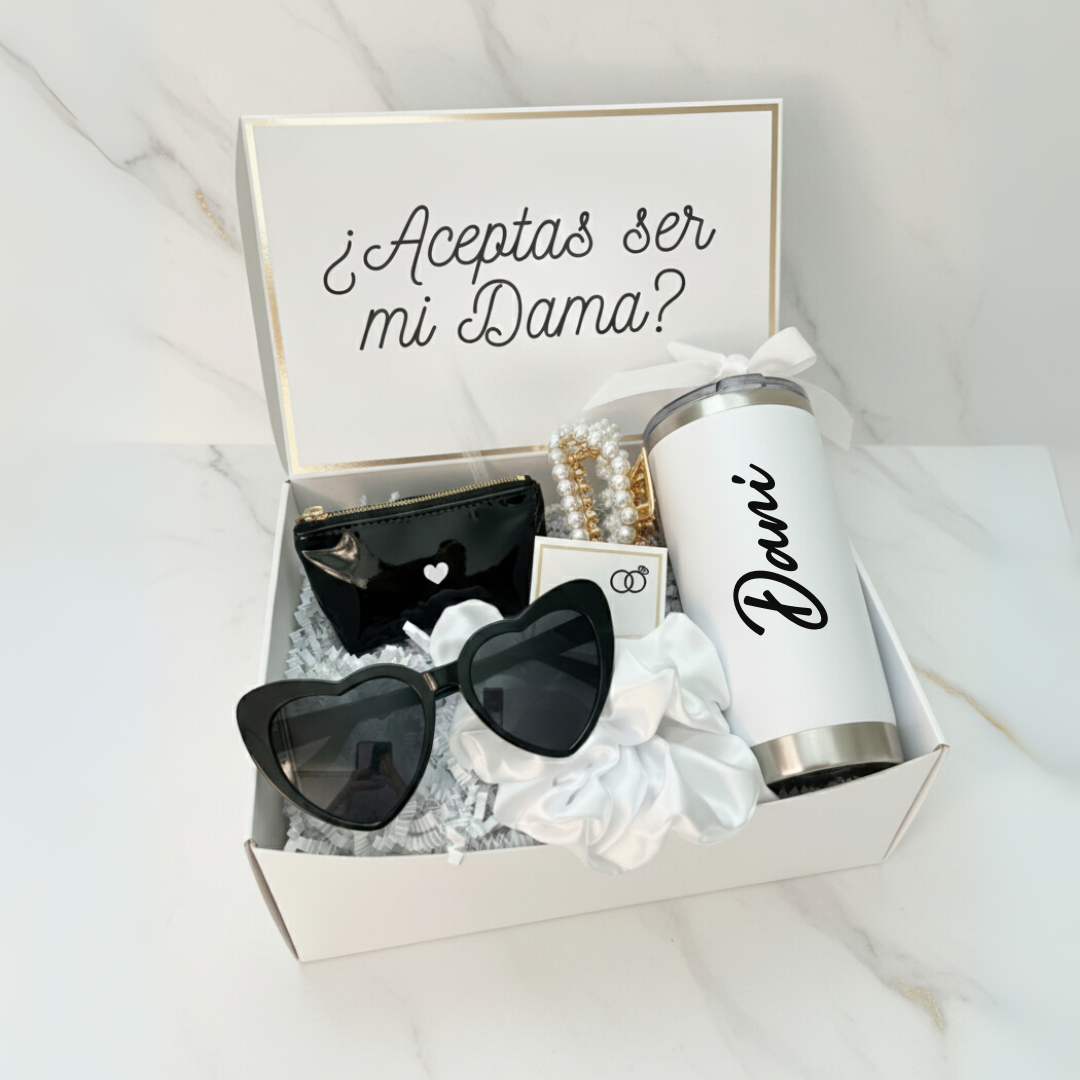Caja Propuesta Dama De Honor Personalizada Blanco y Negro