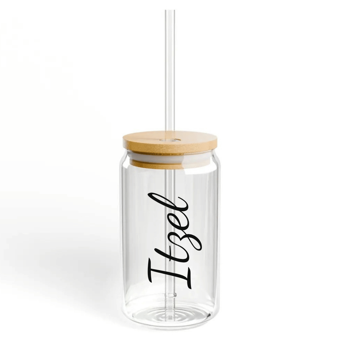 Vaso de vidrio con tapa de madera y popote personalizado - Envia Tu Regalo