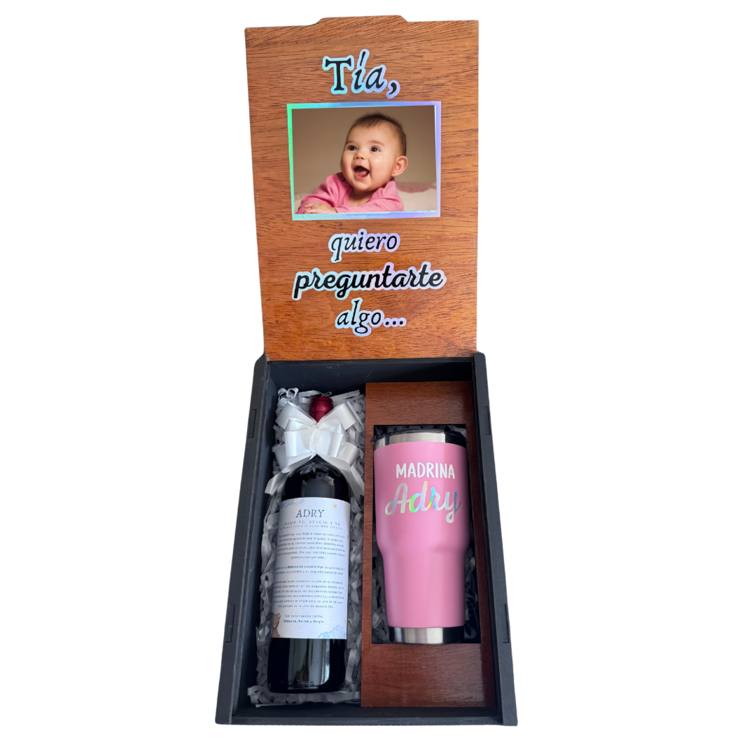 Caja regalo madera para Madrina o Padrino, termo