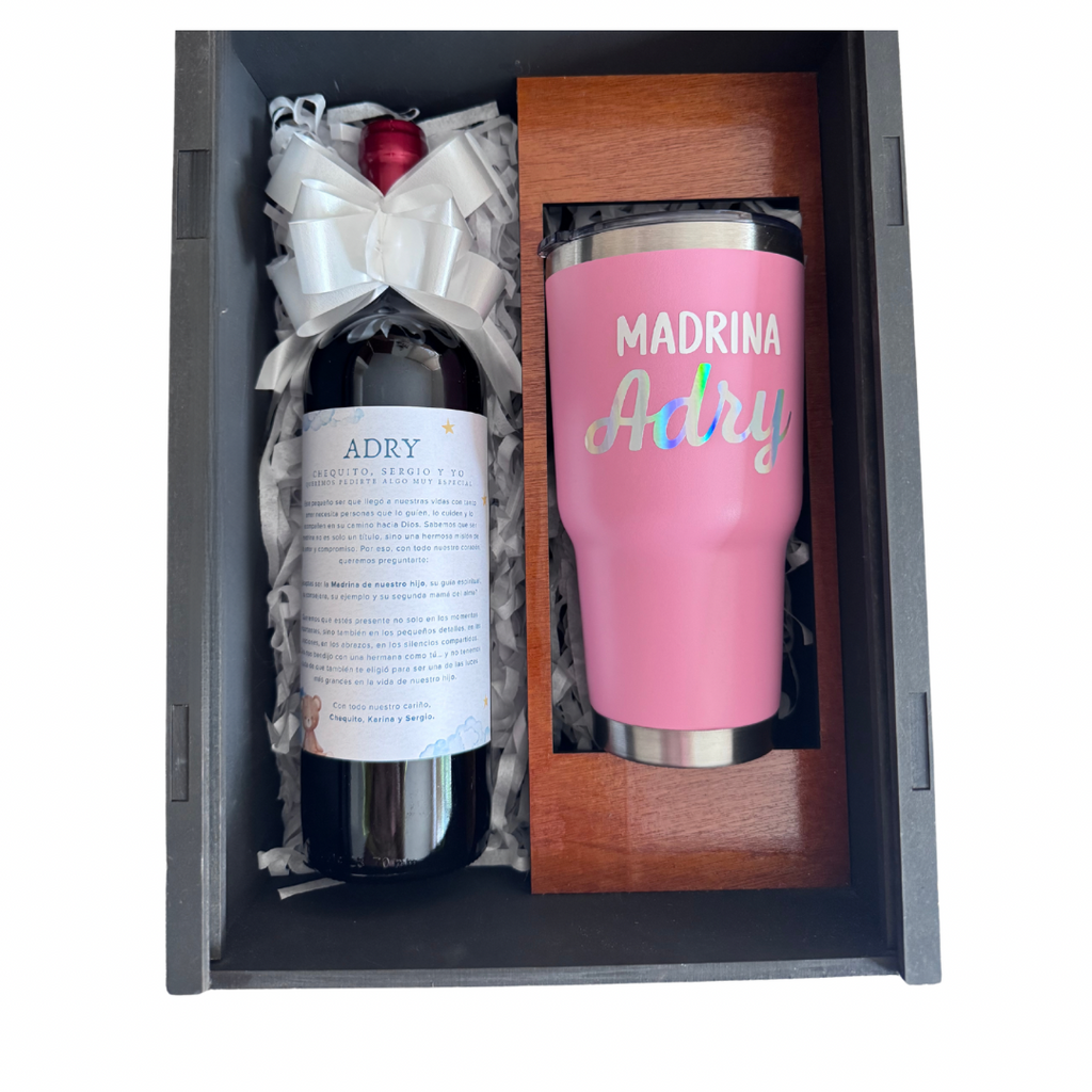 Caja regalo madera para Madrina o Padrino, termo - Envia Tu Regalo