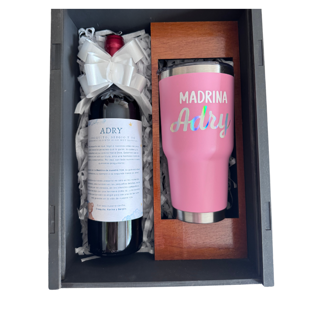 Caja regalo madera para Madrina o Padrino, termo