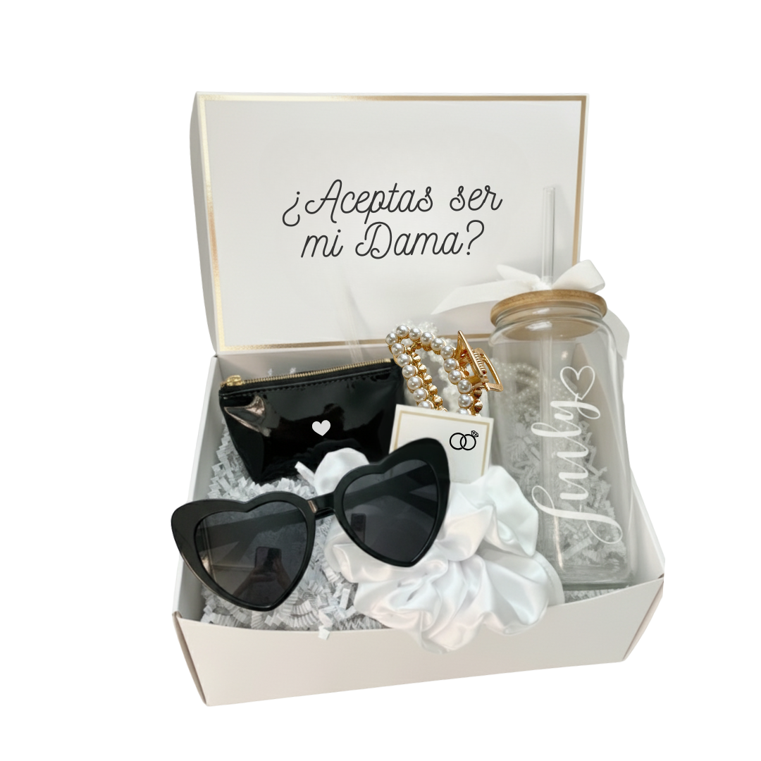 Caja Propuesta Dama De Honor Personalizada Blanco y Negro