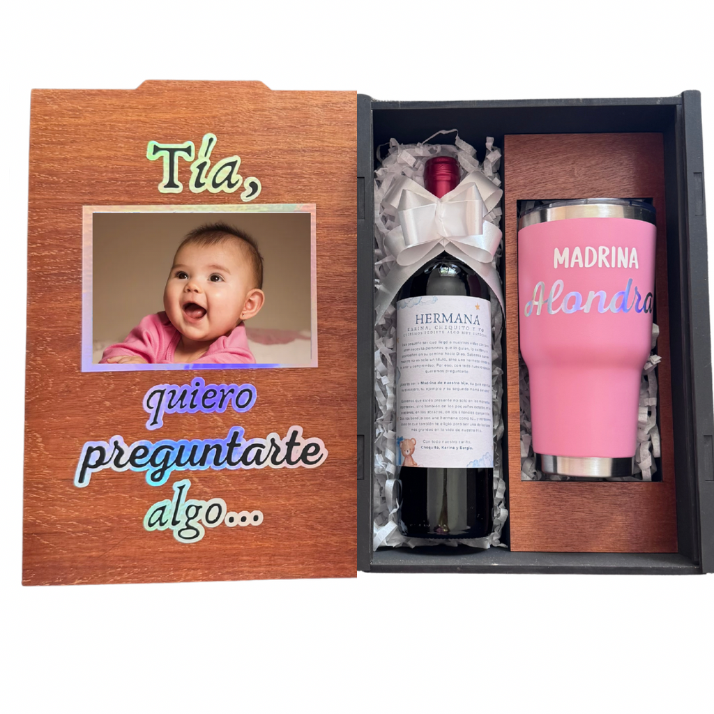 Caja regalo madera para Madrina o Padrino, termo - Envia Tu Regalo