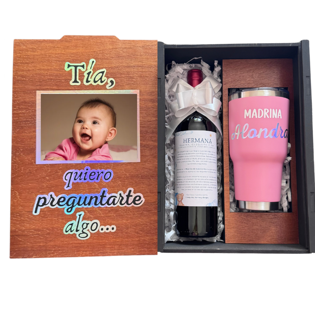 Caja regalo madera para Madrina o Padrino, termo