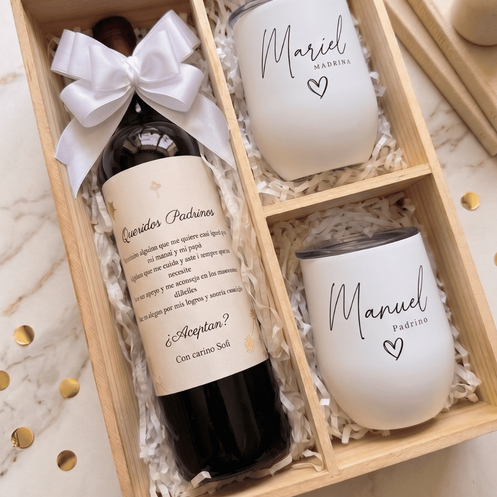 Regalo caja de madera Padrinos de Boda con termos personalizados - Envia Tu Regalo
