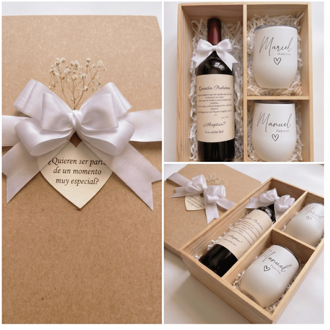 Regalo caja de madera Padrinos de Boda con termos personalizados