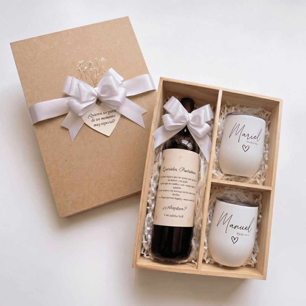 Regalo caja de madera Padrinos de Boda con termos personalizados - Envia Tu Regalo