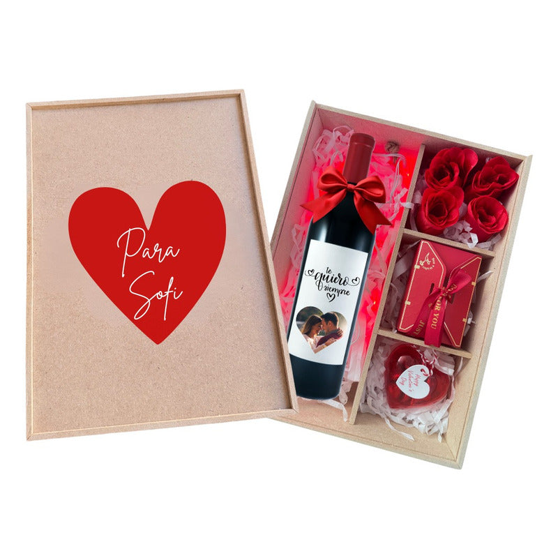 Caja Madera Amor Vino, Chocolates - Envia Tu Regalo