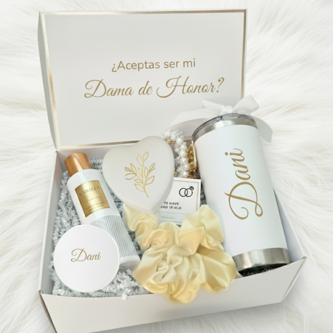 Caja Propuesta Dama De Honor Personalizada Blanco y Dorado