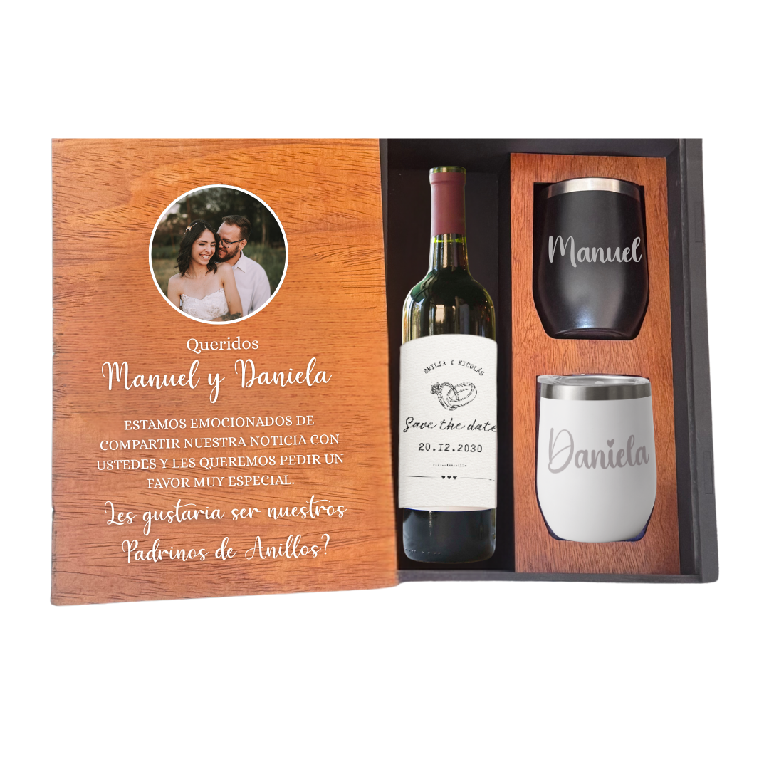 Regalo caja de madera Padrinos de Boda con termos personalizados